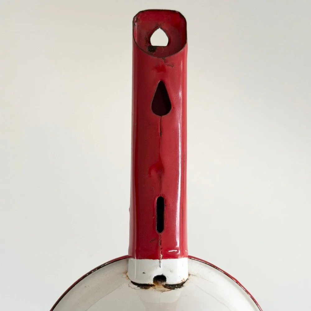 Vintage Mid-Century Enamelware Sauce Pot Red/White 5